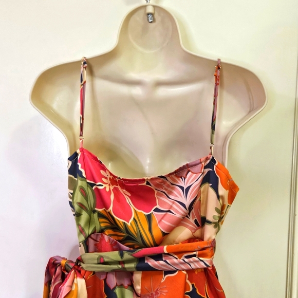 NATIVE CHIC Hot Pink/Green Multi-Color Tropical Satin Wrap Midi Dress, Large - Picture 10 of 16